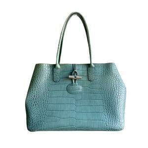 Longchamp Roseau Bag Teal Green Double Handle Croco Leather Shoulder Tote Office